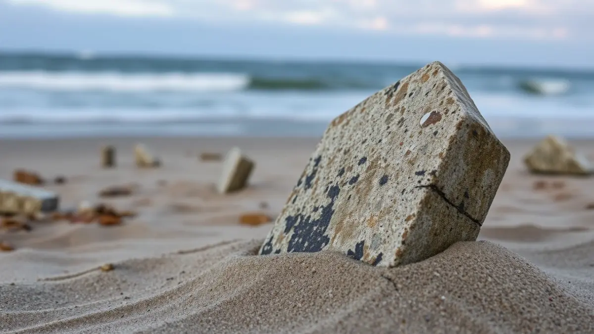 Imagen de un fragmento de monumento de piedra erosionado en la arena de una playa, con olas borrosas al fondo.