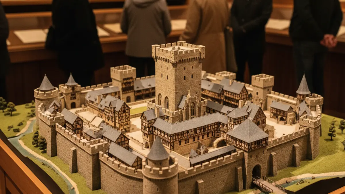 Detailed model of a medieval fortress with a central tower, exhibited in a museum.