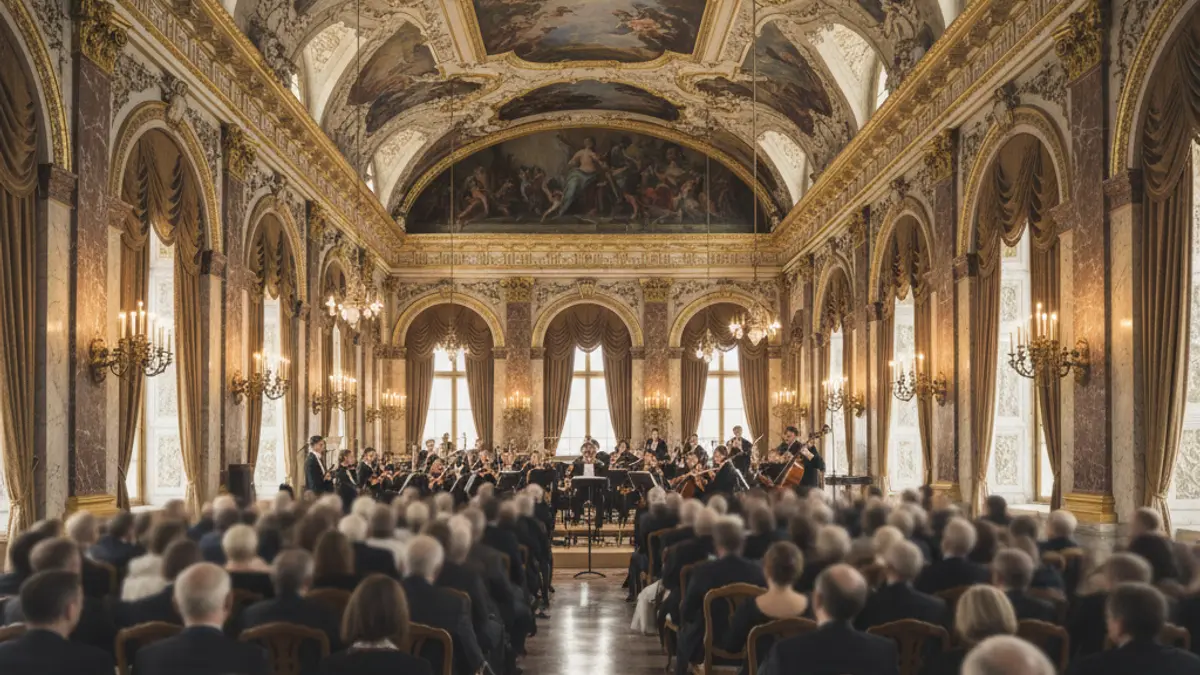 Image of the interior of the Palace of the Marqués de Dos Aguas during a classical music recital.