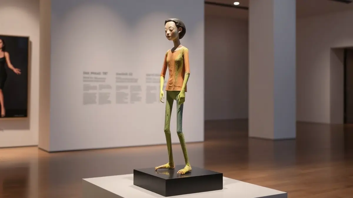 Contemporary papier-mâché sculpture, 'Espectador de espectadores', in a modern art museum.