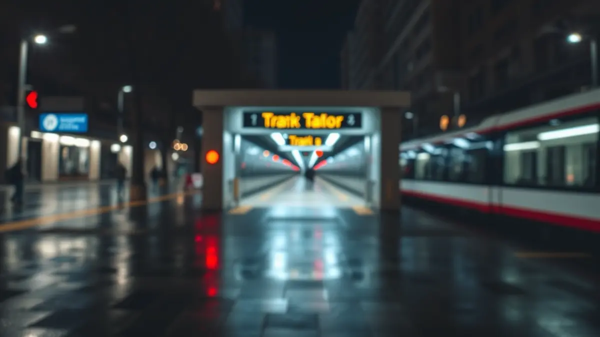Night image of a modern train station environment in a Mediterranean city, with blurred lights and reflections on wet pavement.