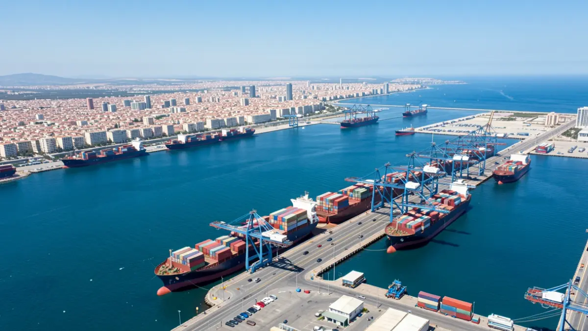 Aerial view of the Port of Alicante with cargo ships and the Mediterranean Sea.