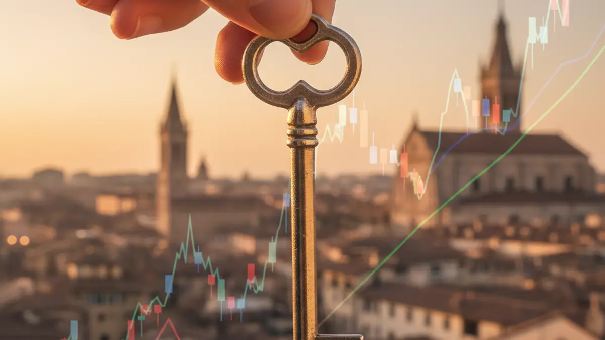 Imatge genèrica d'una mà sostenint una clau d'una casa, amb gràfics financers i un paisatge urbà desenfocat al fons, representant el mercat immobiliari i els preus del lloguer.