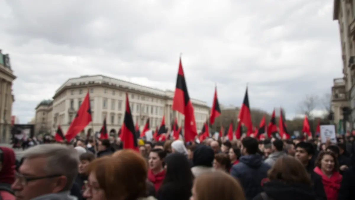 Imagen genérica de una manifestación con banderas rojas y negras en una calle de ciudad.