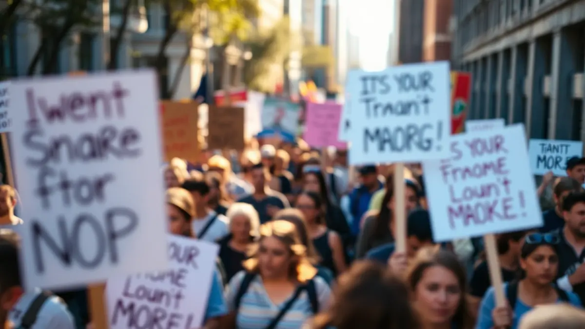 Imagen genérica de una manifestación en una calle de ciudad, con pancartas y gente caminando.