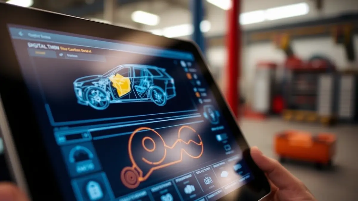 Image of a tablet screen displaying a digital twin of a car, showing damage and data.