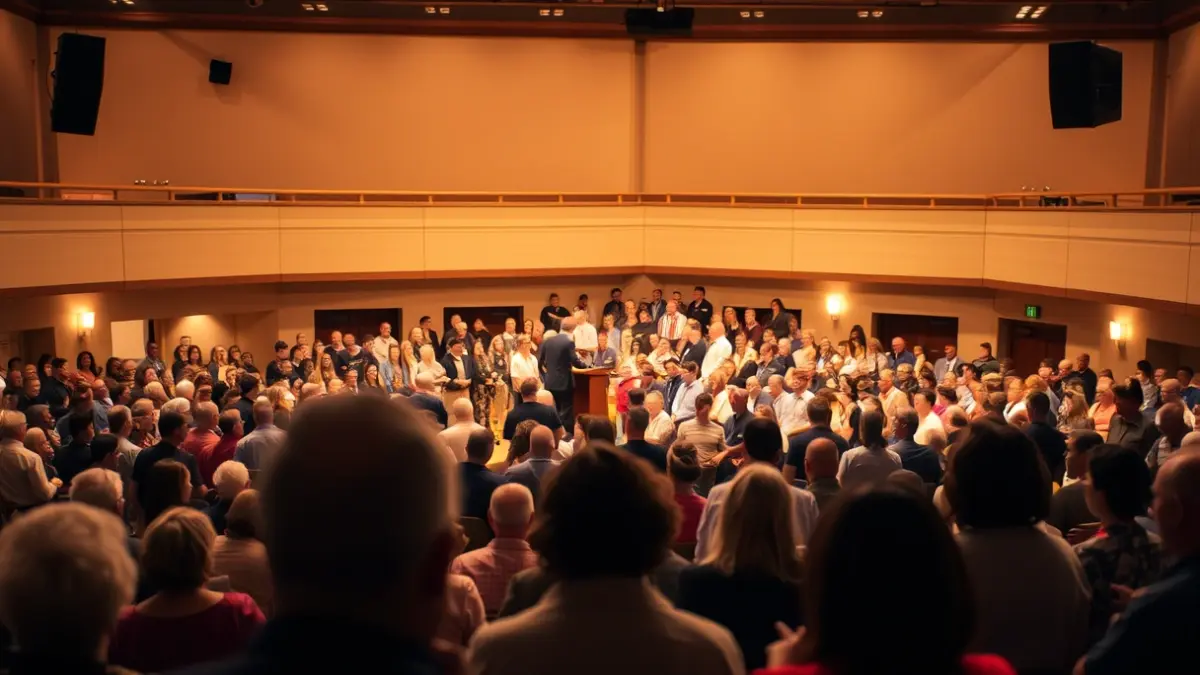 Generic image of a political event in a civic center, with many attendees and a warm atmosphere.