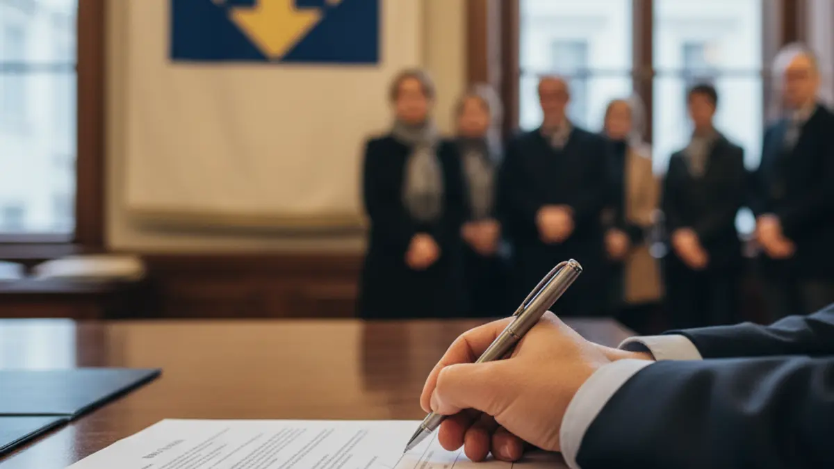 Imagen genérica de un logo de partido político desenfocado y una mano firmando un documento, sugiriendo una decisión disciplinaria.