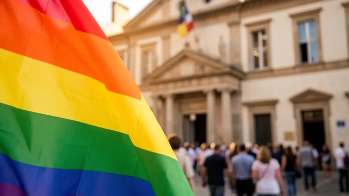 Generic image of an LGTBI flag in front of an official building.