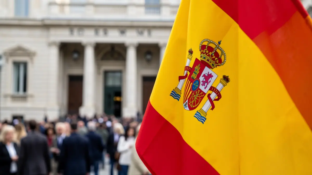 Imatge genèrica de política regional amb una bandera espanyola i un edifici oficial difuminat.