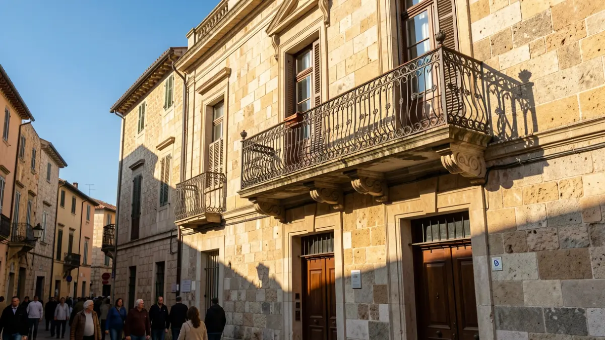 Facade of a Mediterranean town hall with an iron balcony, afternoon light.
