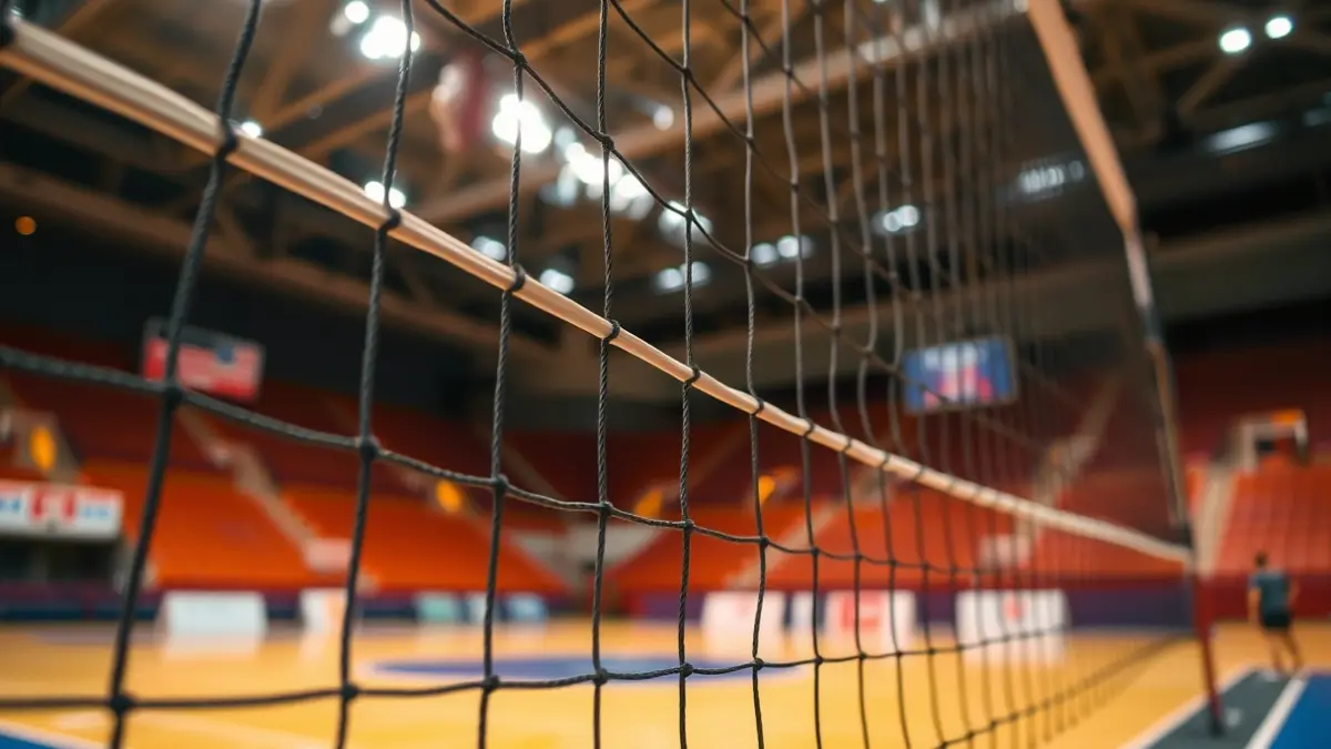 Generic image of a volleyball net in a sports hall.