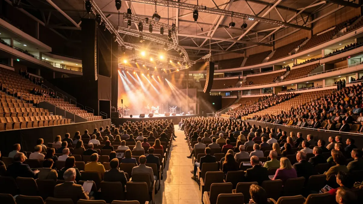 Generic image of the interior of a large event venue with stage lighting.