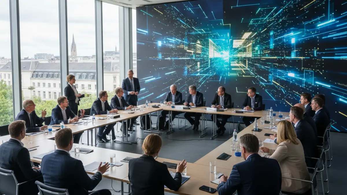 Imagen genérica de una sala de conferencias moderna con pantalla digital y asistentes, simbolizando innovación y digitalización.