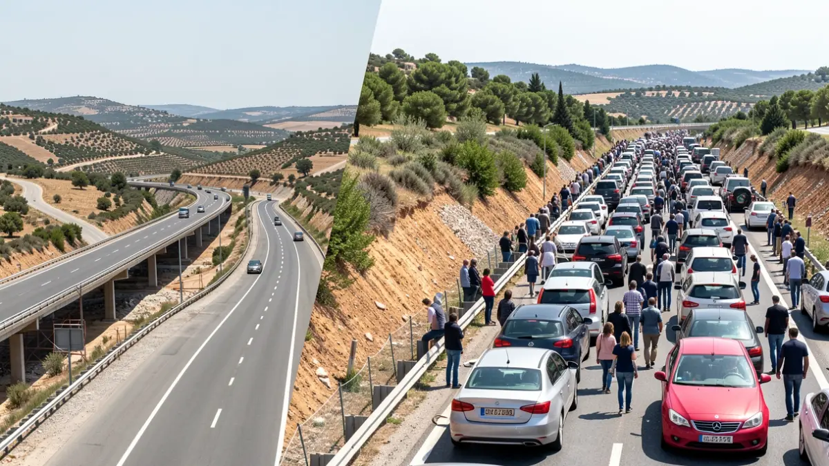 Generic image of roads with construction and congested traffic.