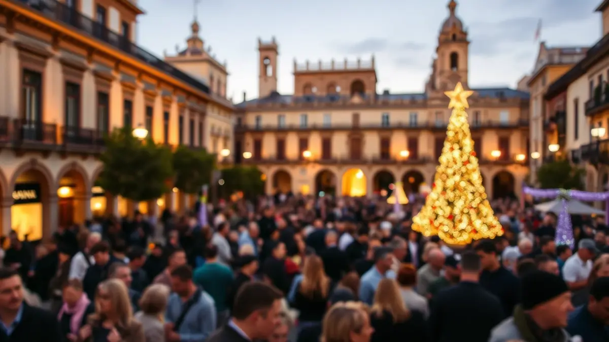 Imagen de la plaza de la Virgen de Valencia durante una celebración, con gente y edificios históricos.