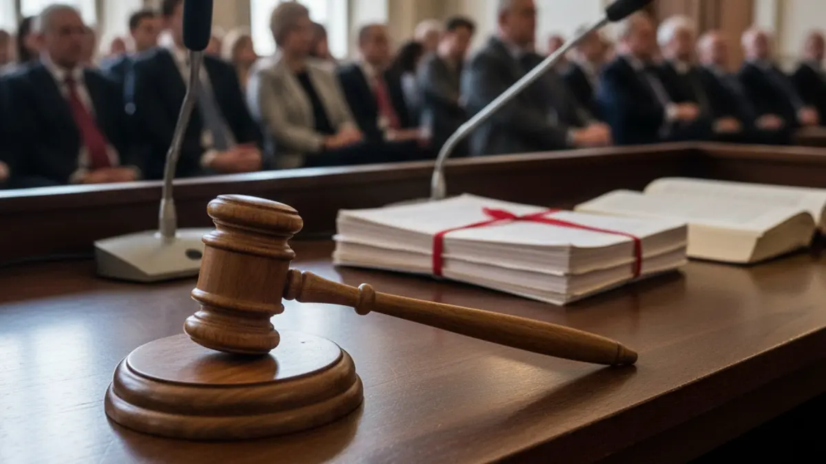 Imagen genérica de un mazo de juez sobre una mesa de madera en un tribunal, con documentos legales desenfocados al fondo.