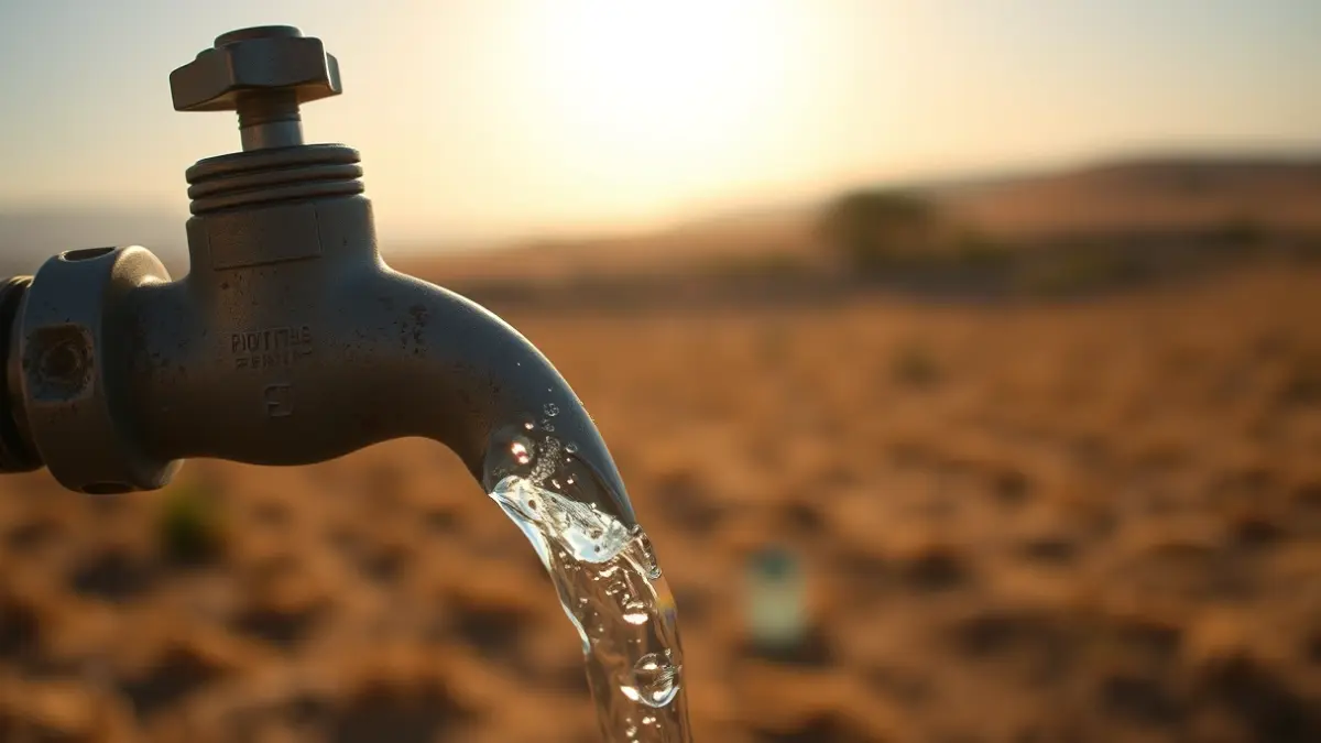 Imagen genérica de un grifo con agua fluyendo y campos de cultivo secos al fondo, simbolizando la gestión del agua.