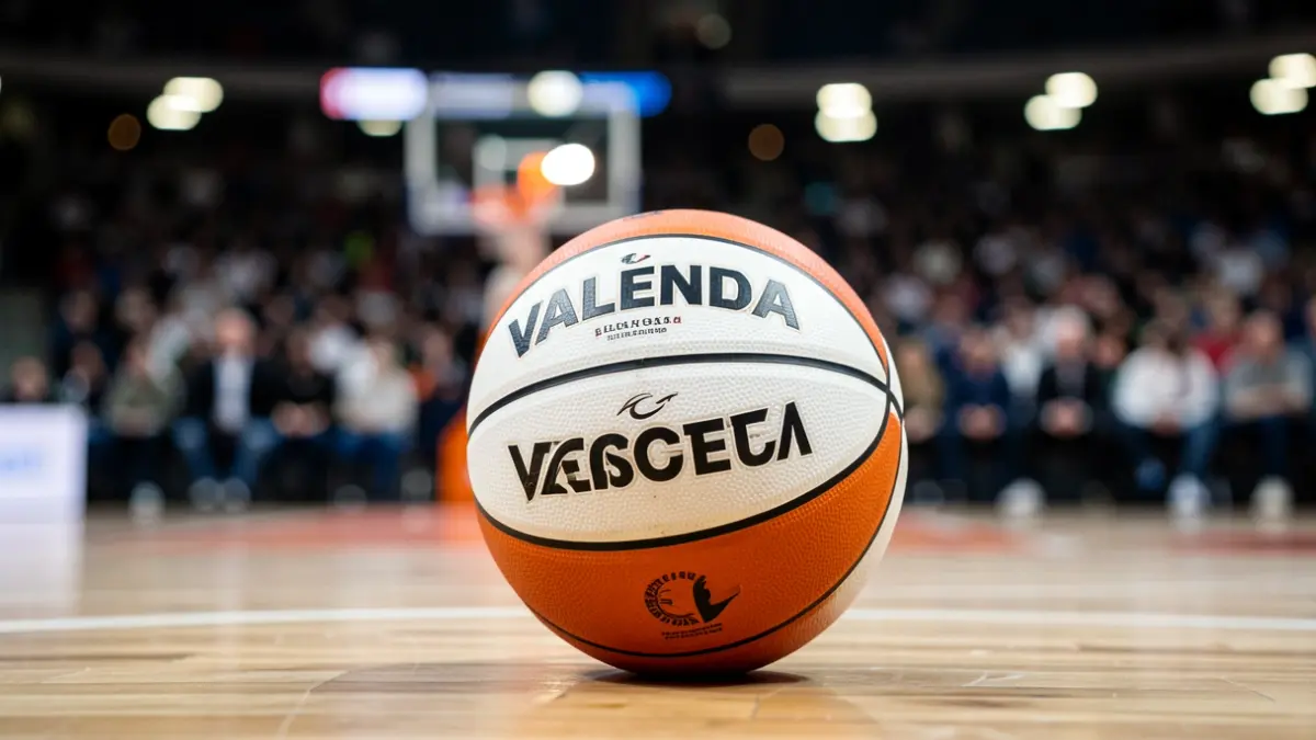 Imatge genèrica d'una pilota de bàsquet amb els colors del València Basket sobre una pista de fusta.