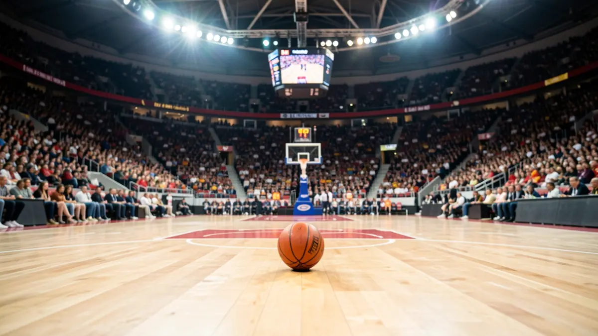 Imagen genérica del interior del Palau Blaugrana durante un partido de baloncesto, con espectadores difuminados y luces brillantes en la pista.