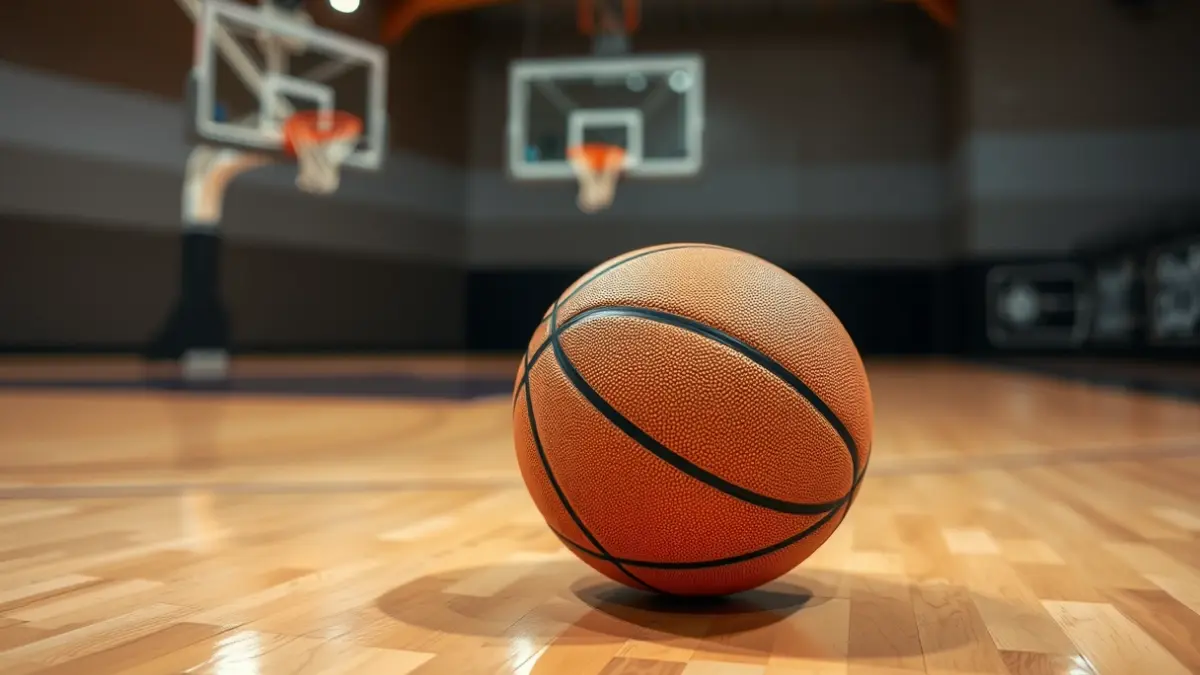 Imagen genérica de un balón de baloncesto en una cancha de madera, con el aro desenfocado al fondo.