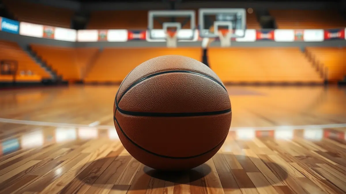 Generic image of a basketball on a wooden court, with a blurred hoop in the background.