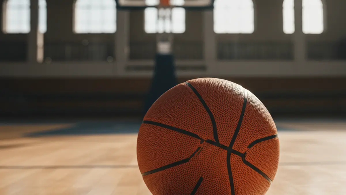 Generic image of a basketball on a court, with a blurred hoop in the background.