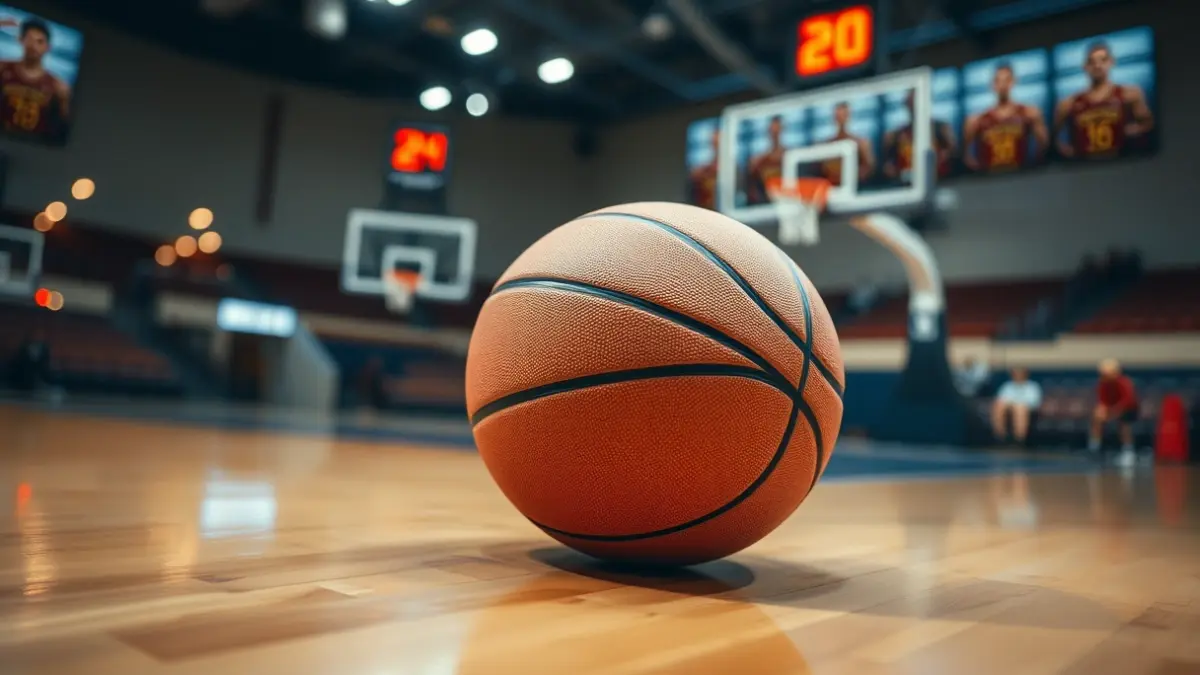 Imagen genérica de un balón de baloncesto en una cancha, con el aro desenfocado al fondo.