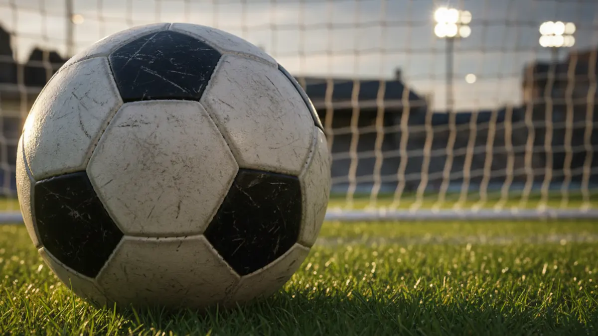Imagen genérica de un balón de fútbol en el césped de un campo, con la portería desenfocada al fondo.