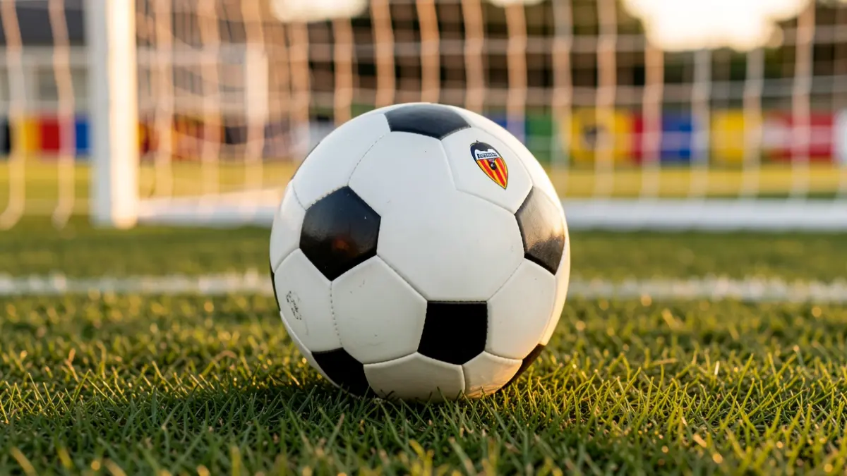 Generic image of a soccer ball on grass with a blurred goal net in the background.