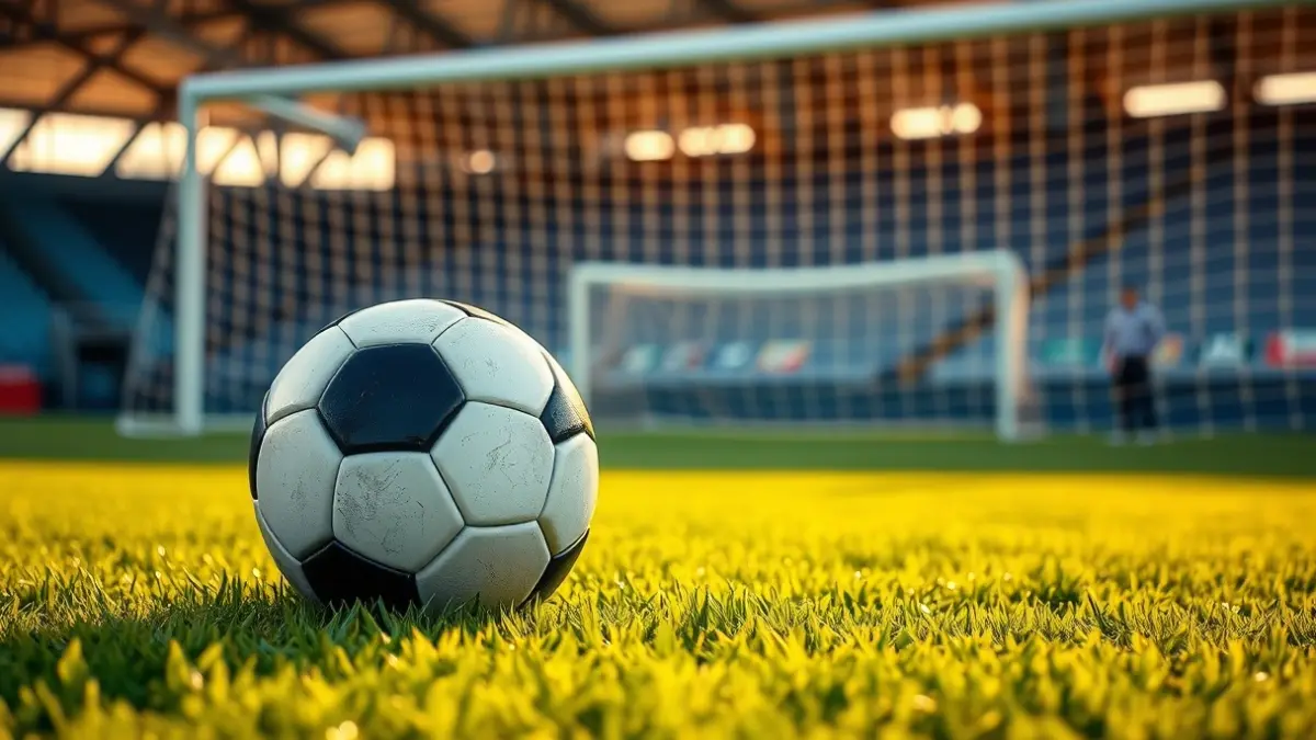 Imatge genèrica d'una pilota de futbol sobre la gespa d'un camp, amb la porteria desenfocada al fons.
