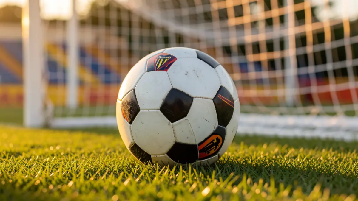Imatge genèrica d'una pilota de futbol sobre gespa amb la xarxa de la porteria desfocada.