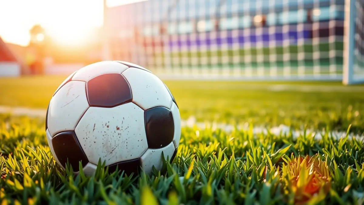 Imatge genèrica d'una pilota de futbol sobre la gespa d'un camp, amb la porteria desenfocada al fons.