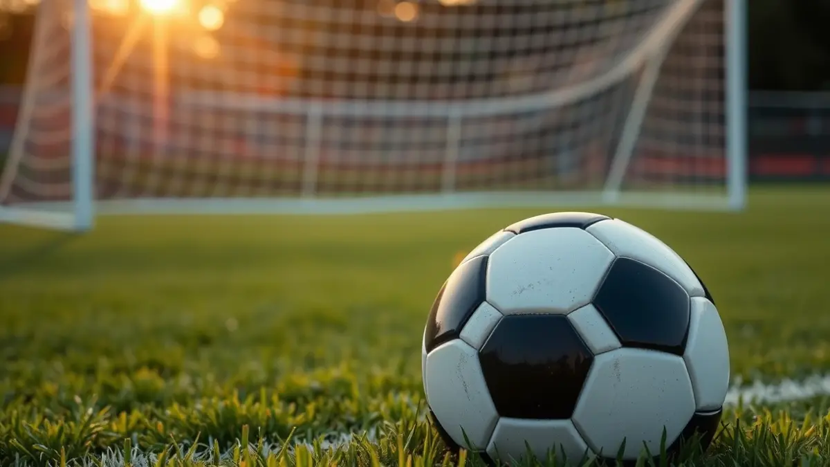 Generic image of a soccer ball on a grass field, with a blurred goal in the background.