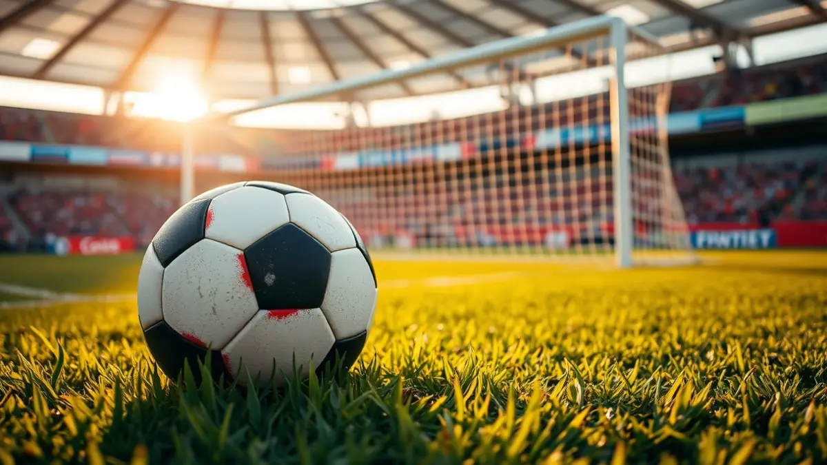 Imatge genèrica d'una pilota de futbol sobre la gespa d'un estadi, amb la porteria desenfocada al fons.