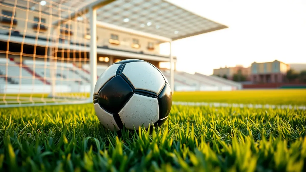 Imatge genèrica d'una pilota de futbol sobre la gespa d'un camp, amb la porteria desenfocada al fons.