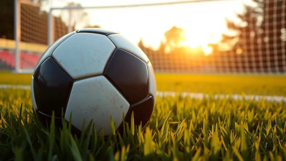 Generic image of a soccer ball on a grass field, with a blurred goal in the background.