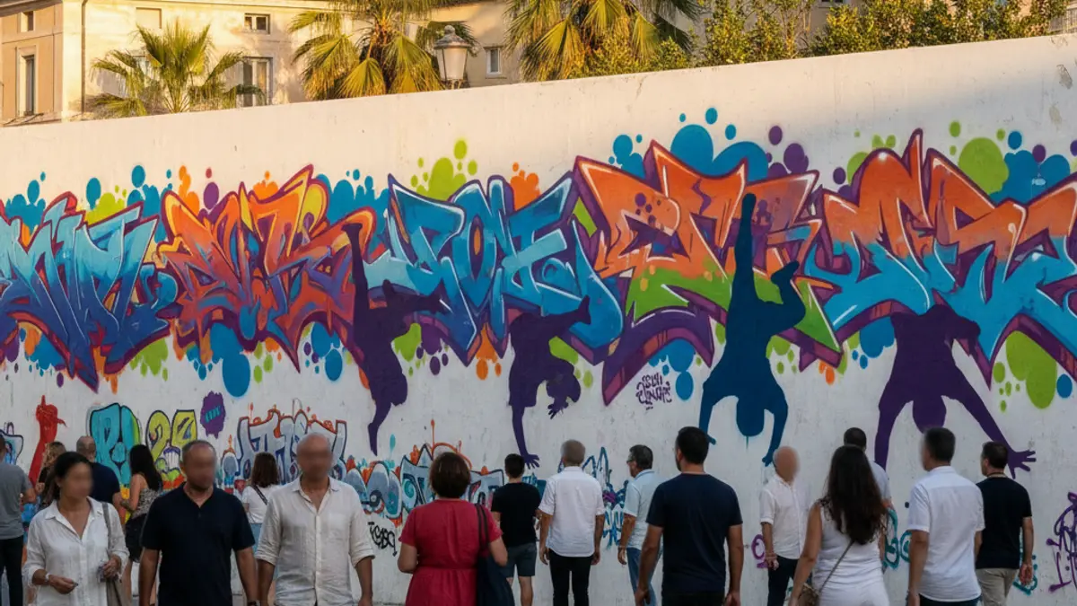 Image of a graffiti mural with hip hop culture elements in a Mediterranean urban setting.