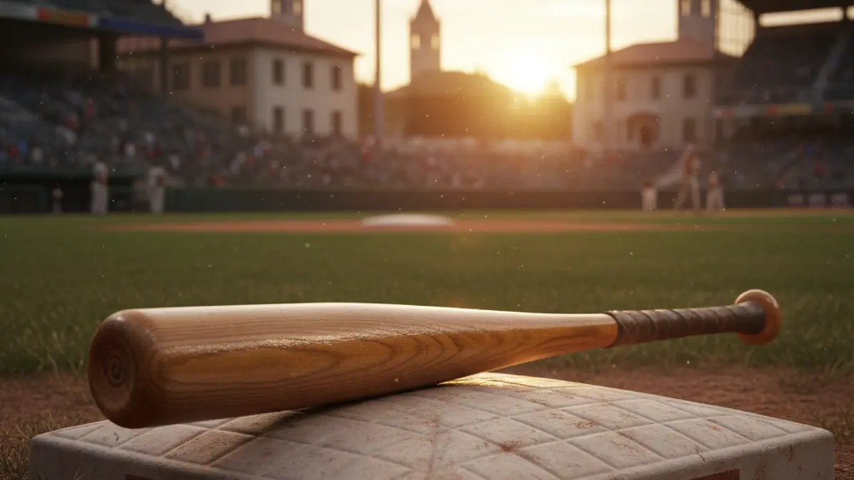 Generic image of a baseball bat on home plate, with a blurred field in the background.