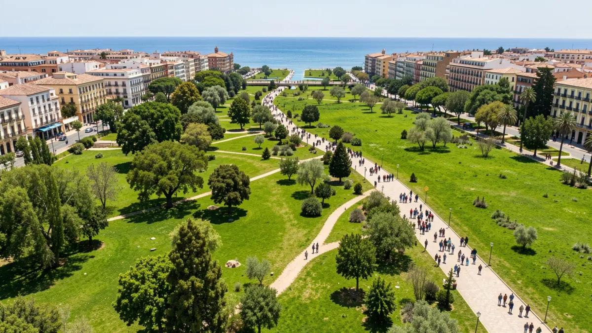 Vista aérea del cauce del río Turia a su paso por Valencia con zonas verdes.