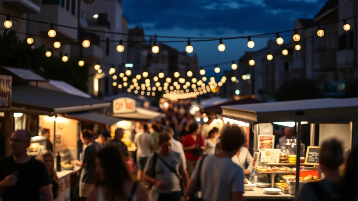 Imatge genèrica d'un mercat de menjar de carrer animat al capvespre en una ciutat mediterrània.