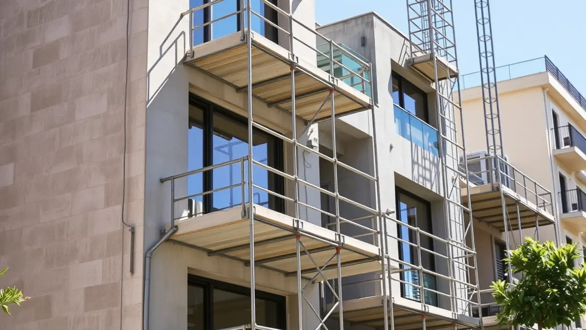 Imagen de un edificio residencial en construcción en un entorno urbano mediterráneo.