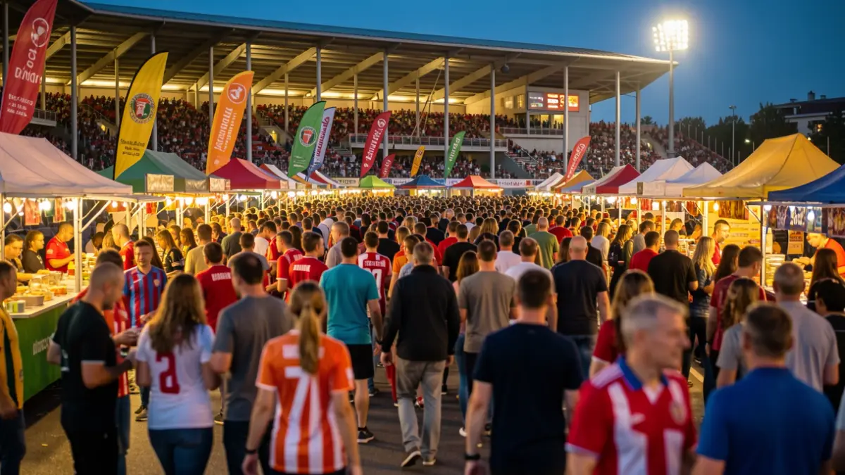 Imagen genérica de una fan zone frente a un estadio de fútbol con gente celebrando.
