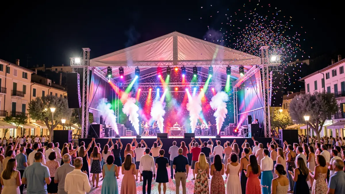 Imagen genérica de una fiesta popular con escenario y efectos especiales.