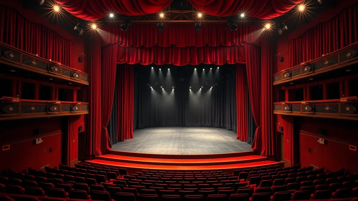 Generic image of a theater stage with red velvet curtains and spotlights.