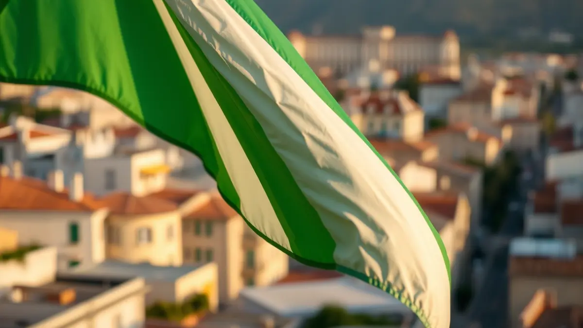 Imagen de una bandera franjiverde ondeando en un balcón de Elche.
