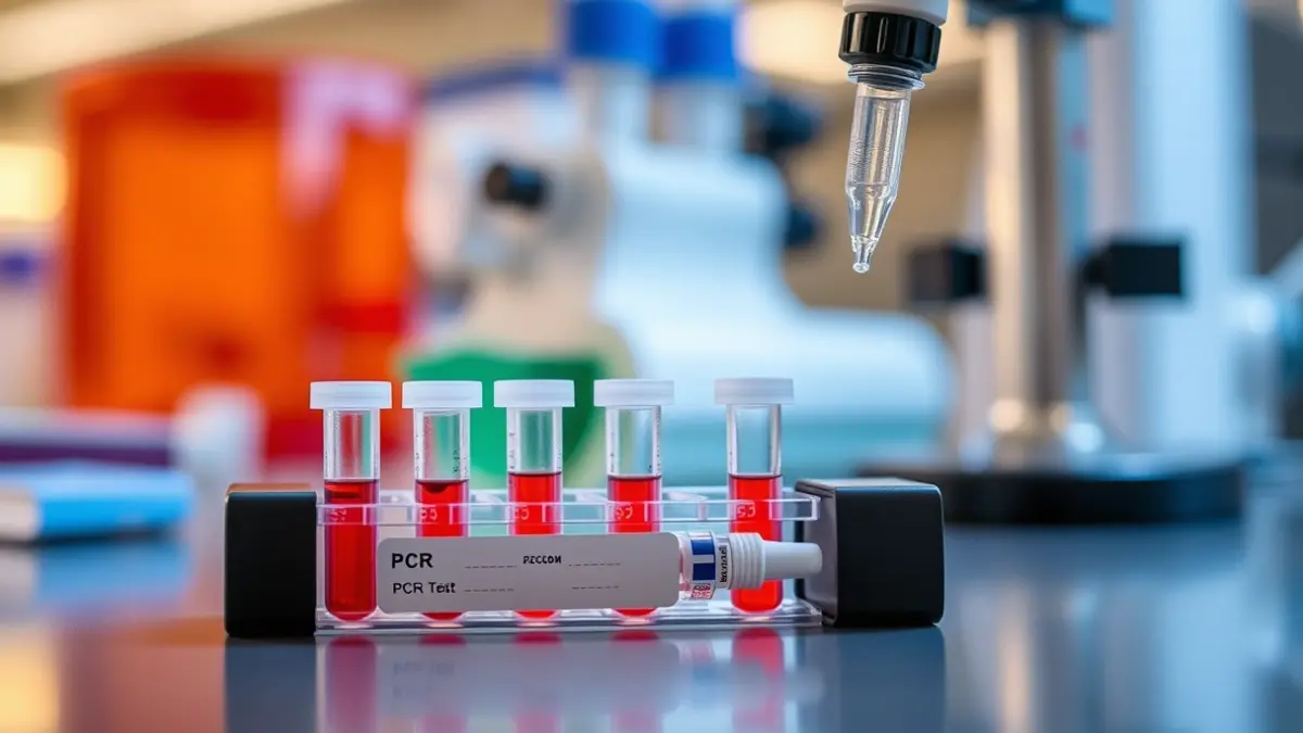 Generic image of a PCR kit in a laboratory, with tubes and a pipette.