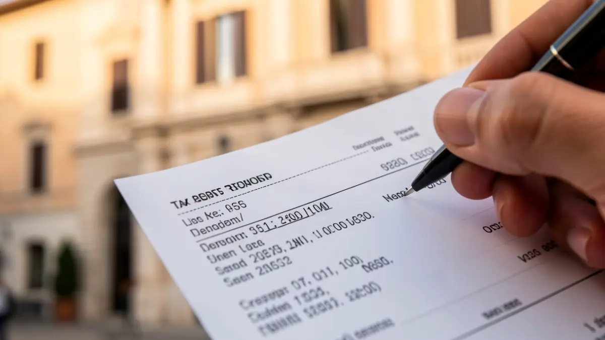 Imatge genèrica d'un document fiscal amb un bolígraf marcat, amb un edifici municipal al fons.