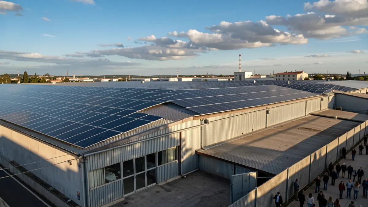 Generic image of solar panels on the roof of an industrial building.