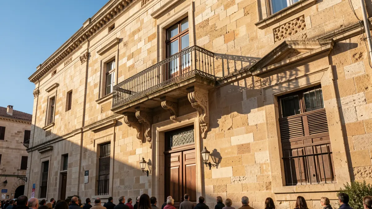 Imagen genérica de la fachada de un ayuntamiento mediterráneo con balcón y barandillas de hierro, luz de tarde.